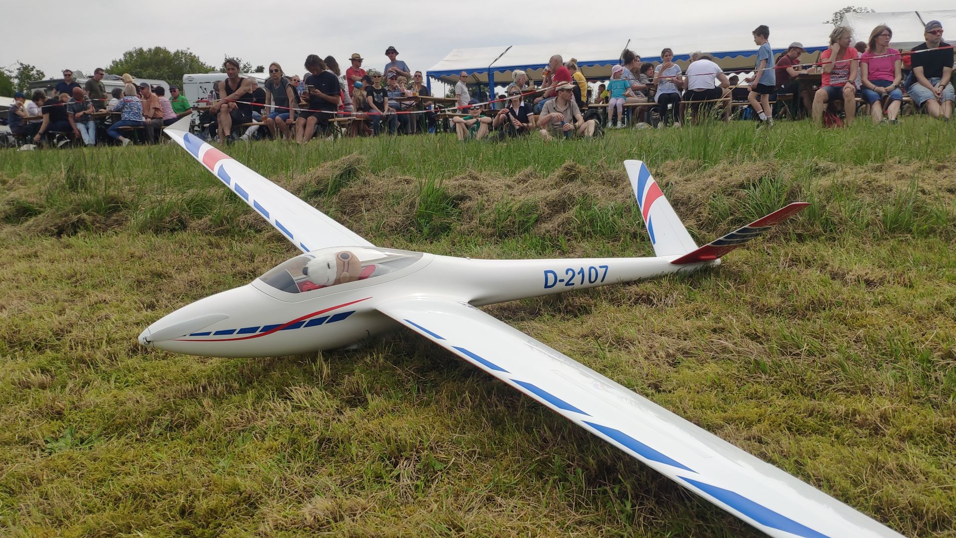 Modellsegelflugzeug im Gras vor Publikum